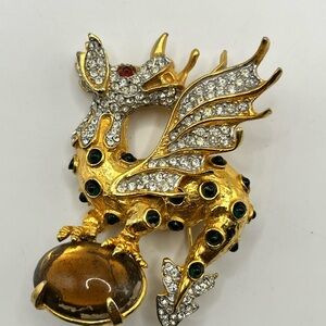 Vintage Rare find Pauline Rader Gold tone Dragon Brooch with Pave Crystals